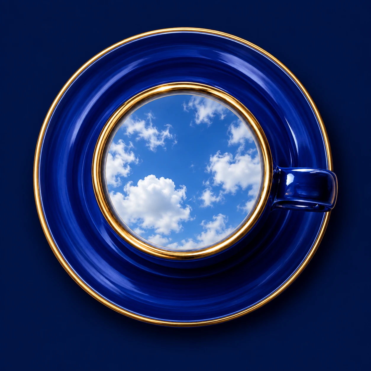 A complete blue porcelain cup and saucer with gold rims and a handle, opening onto a moving sky.
