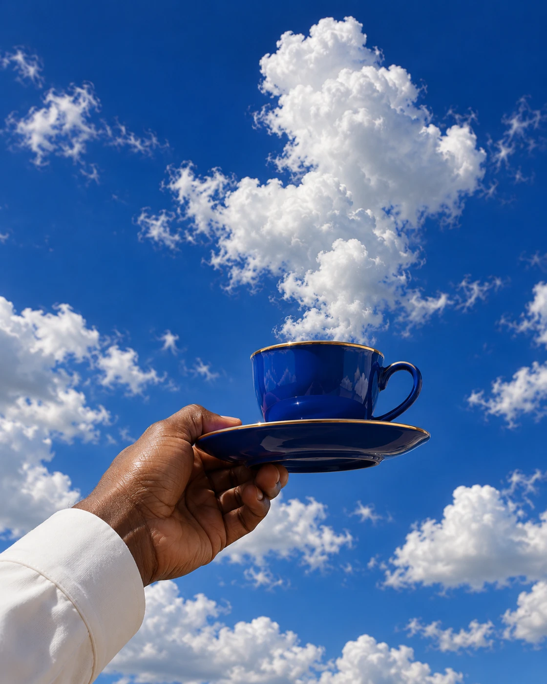 A hand holding a cobalt cup and saucer beneath sunlit clouds.